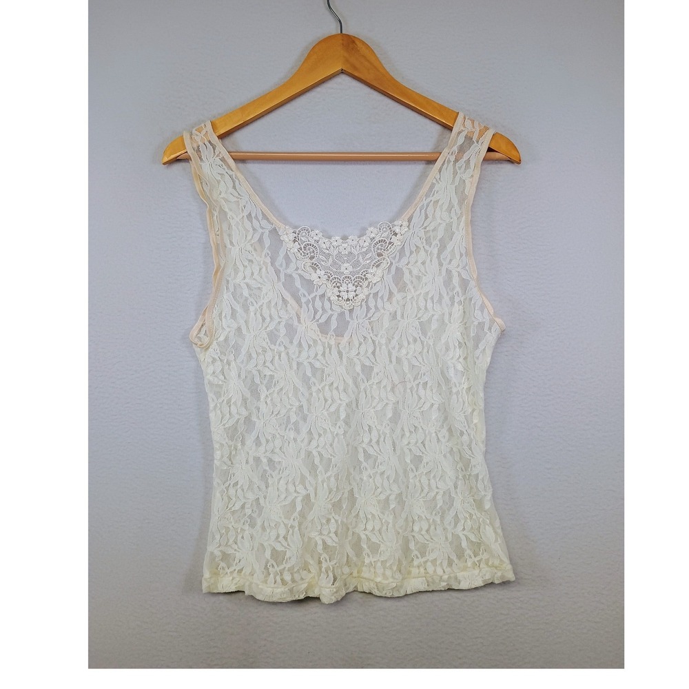 Coquette Vintage Cinema Etoile Womens LG Ivory Sheer Floral Lace V-Neck Tank Top